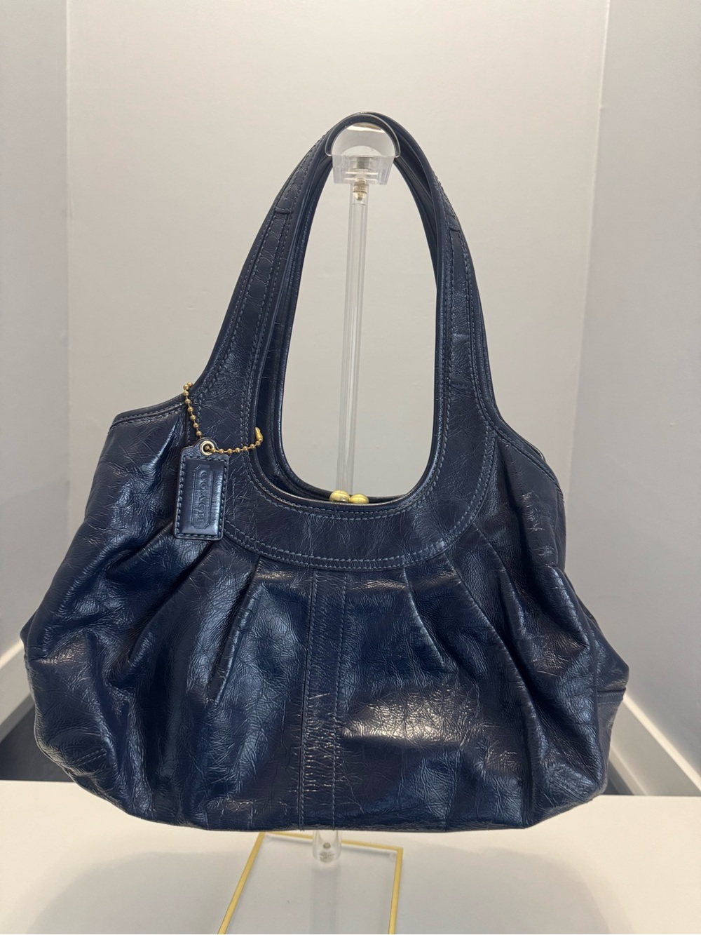 COACH ERGO NAVY BLUE PATENT LEATHER TATTERSALL PLEATED FRAME SATCHEL BAG